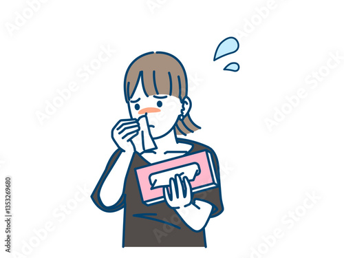 鼻水が止まらず困る若い女性のイラスト