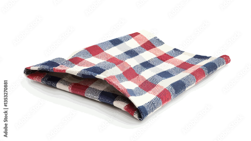 A high-angle, close-up studio shot depicts a folded square of fabric with a red, blue and white checkered pattern against a solid white background. The fabric is softly folded, showcasing the A high-angle, close-up studio shot depicts a folded square of fabric with a red, blue and white checkered pattern against a solid white background. The fabric is softly folded, showcasing the