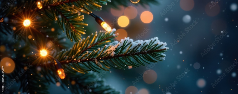 Close-up shot of sparkling Christmas tree lights on a branch with subtle snowflakes falling around it, sparkles, delicate details Close-up shot of sparkling Christmas tree lights on a branch with subtle snowflakes falling around it, sparkles, delicate details