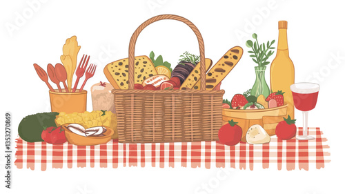 Illustration of a wicker picnic basket overflowing with various food items including bread, cheese, fruits, and vegetables.  A bottle of wine and a glass of wine are also depicted. The items are