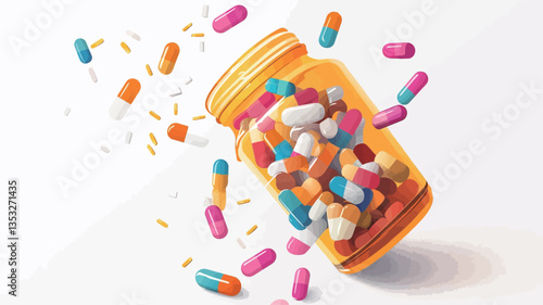 A digitally created image depicts an amber-colored glass jar tilted to its side, with numerous capsules and pills of various colors (pink, orange, blue, white) spilling out.  The pills and capsules