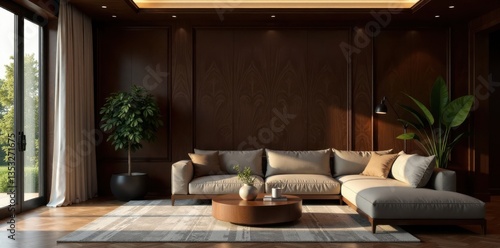 Dark wood paneling in a luxurious living room, sophisticated, natural