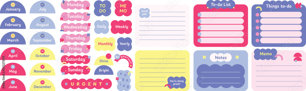 Cute decorative design for planner journaling stationery elements, notepad memopad bullet journal design Cute decorative design for planner journaling stationery elements, notepad memopad bullet journal design