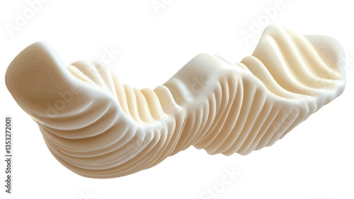 Close-up shot of a three-dimensional abstract form. The object is cream or off-white in color and exhibits a smooth, organic texture with a series of flowing, wave-like ripples or folds across its