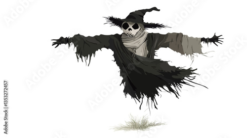 Digital illustration of a scarecrow with a skull-like face wearing a pointed hat. The scarecrow is depicted with tattered clothing, arms outstretched, and appears to be floating slightly above the