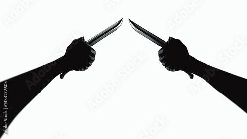 The image is a minimalist black and white graphic featuring two silhouetted hands holding knives, pointed towards each other.  The hands and knives are stark black against a bright white background.