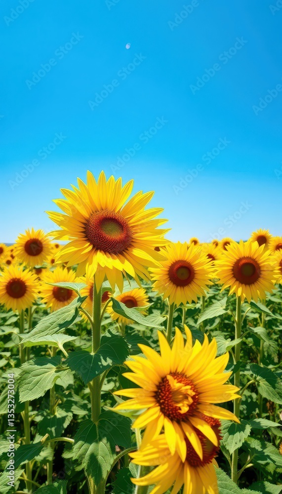 Fototapeta premium Vibrant yellow sunflowers in a vast field under a clear blue sky, sunlight, summer, design