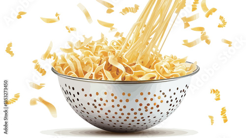 Close-up studio shot of uncooked pasta falling into a metallic colander against a white background. The pasta pieces are light yellow and appear to be in motion, with some pieces suspended mid-air.