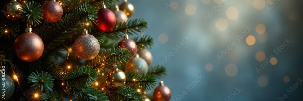 Luxurious Christmas tree adorned with shiny metallic ornaments and soft white fairy lights against a subtle background haze, sparkling, blurred Luxurious Christmas tree adorned with shiny metallic ornaments and soft white fairy lights against a subtle background haze, sparkling, blurred