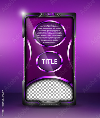 Layout roxo em formato de story em moldura futurista