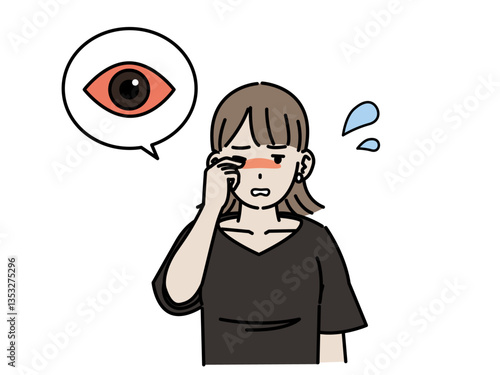 目の痒み　目が充血する若い女性のイラスト