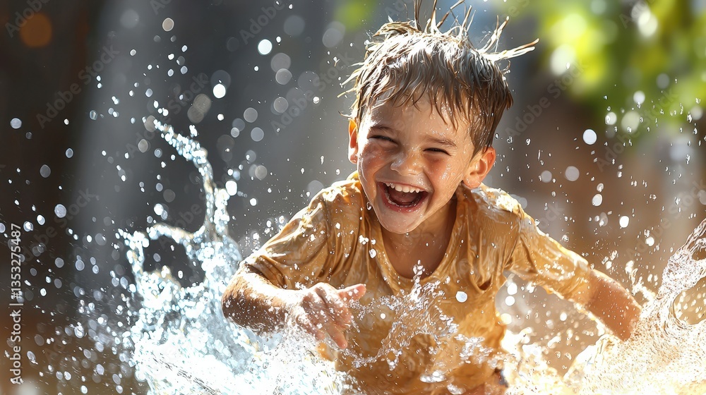Obraz premium Joyful Boy Splashing Water Summer Fun Child s Play Happy Kid