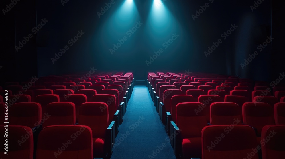 A dramatic movie theater interior with a single spotlight illuminating the empty red seats. A dramatic movie theater interior with a single spotlight illuminating the empty red seats.