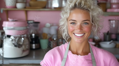 Woman in a pink apron smiles at the camera