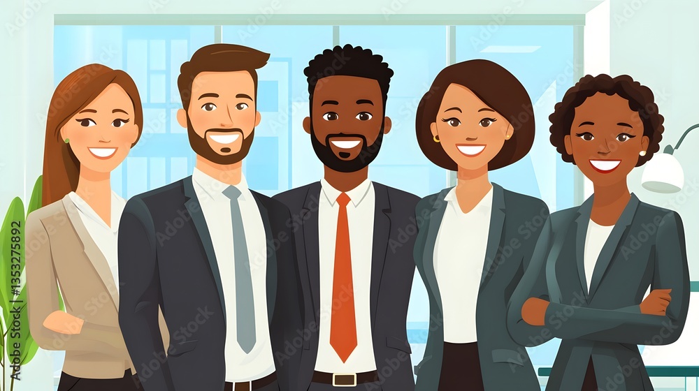 Diverse Business Team Smiling in Office Cartoon Illustration Diverse Business Team Smiling in Office Cartoon Illustration