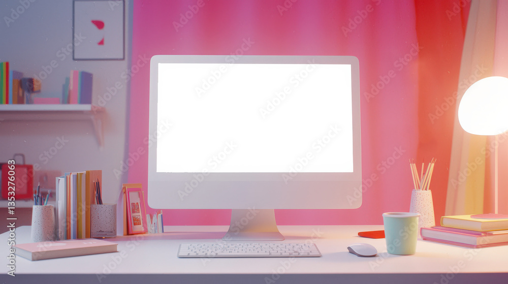 A mockup of a computer screen in a room with a pink curtain. A stylish computer monitor sits on a desk with a keyboard, mouse, and other accessories. Website advertising. Online shopping A mockup of a computer screen in a room with a pink curtain. A stylish computer monitor sits on a desk with a keyboard, mouse, and other accessories. Website advertising. Online shopping