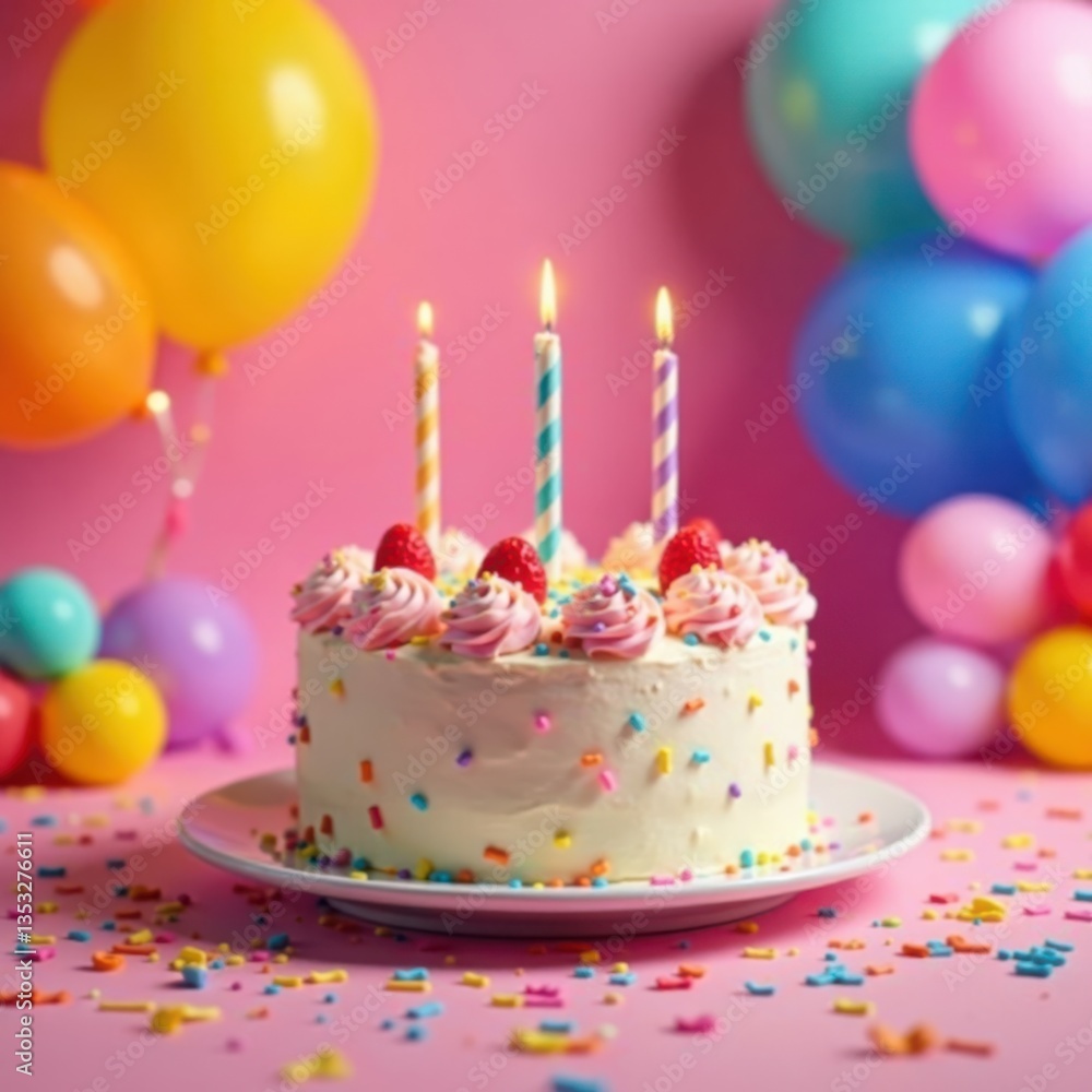 Vibrant birthday cake amidst confetti and balloons in a bright colorful room, festive, confetti Vibrant birthday cake amidst confetti and balloons in a bright colorful room, festive, confetti
