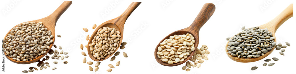 Four wooden spoons filled with various grains and seeds, representing diverse healthy cooking ingredients and baking options Four wooden spoons filled with various grains and seeds, representing diverse healthy cooking ingredients and baking options