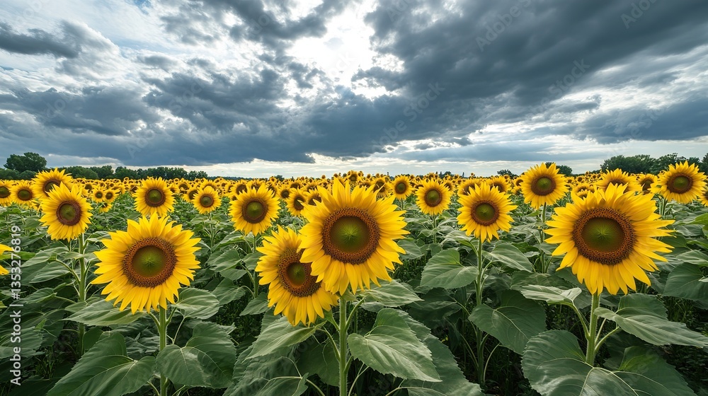 Fototapeta premium Sunflowers create a fascinating scene. Vibrant yellow petals and green foliage stand out, and the hills in the distance are softly focused. Captures the beauty, warmth, calmness and serenity of nature