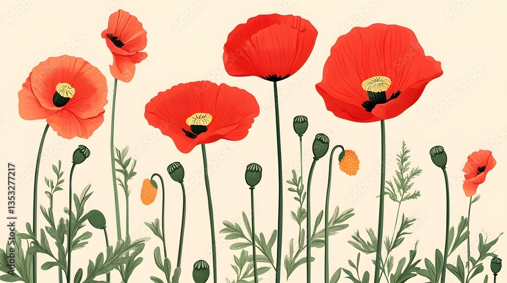 Obraz premium Vivid Red Poppy Flowers Vector Flat Floral Illustration for Designs