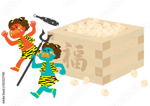 節分の豆と逃げる鬼（赤鬼・青鬼）のベクターイラスト