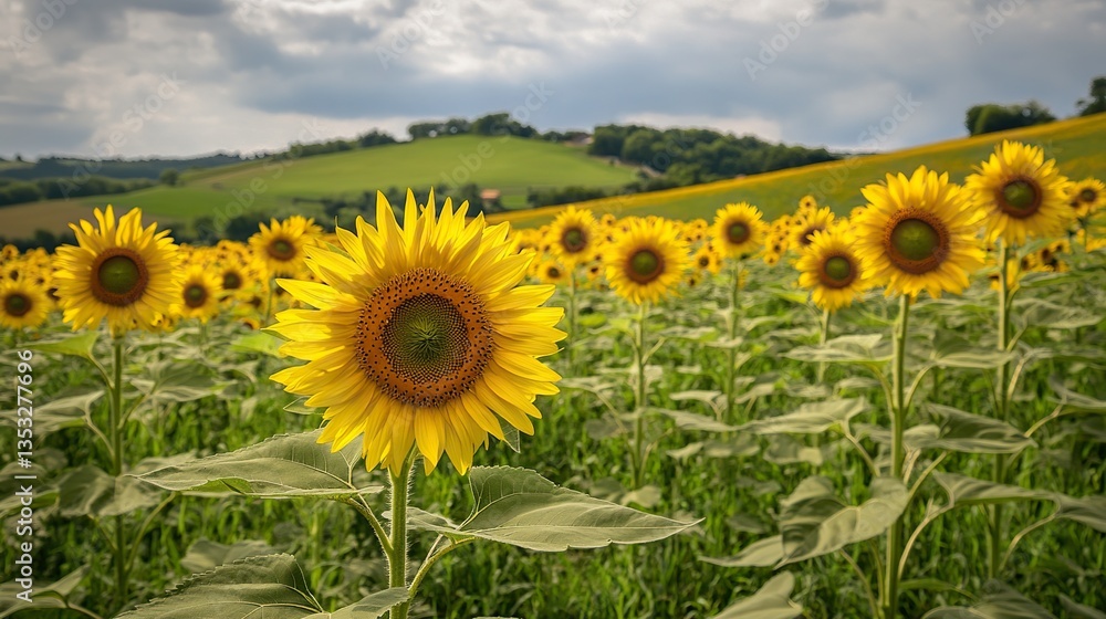 Fototapeta premium Sunflowers create a fascinating scene. Vibrant yellow petals and green foliage stand out, and the hills in the distance are softly focused. Captures the beauty, warmth, calmness and serenity of nature