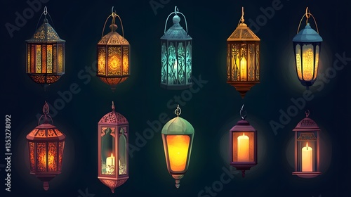Beautiful Collection of Isolated Eastern Lanterns - Arab Fanous or Vintage Oil Lamps