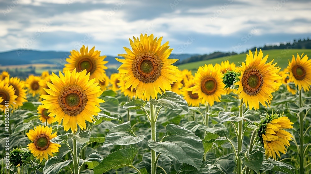 Obraz premium Sunflowers create a fascinating scene. Vibrant yellow petals and green foliage stand out, and the hills in the distance are softly focused. Captures the beauty, warmth, calmness and serenity of nature