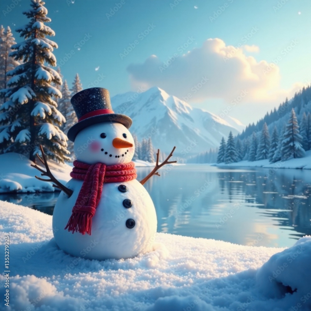 Obraz premium Cozy winter landscape featuring a large snowman in front of a frozen lake, snow-covered trees, frozen landscape, wintry scene