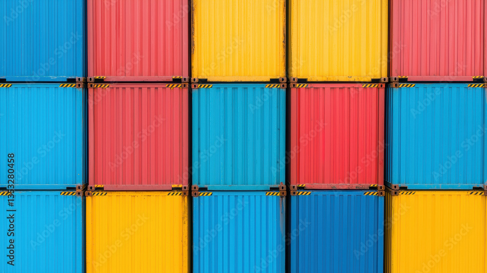 Colorful cargo containers arranged in geometric pattern create vibrant visual display. bright hues of red, blue, and yellow evoke sense of energy and organization Colorful cargo containers arranged in geometric pattern create vibrant visual display. bright hues of red, blue, and yellow evoke sense of energy and organization