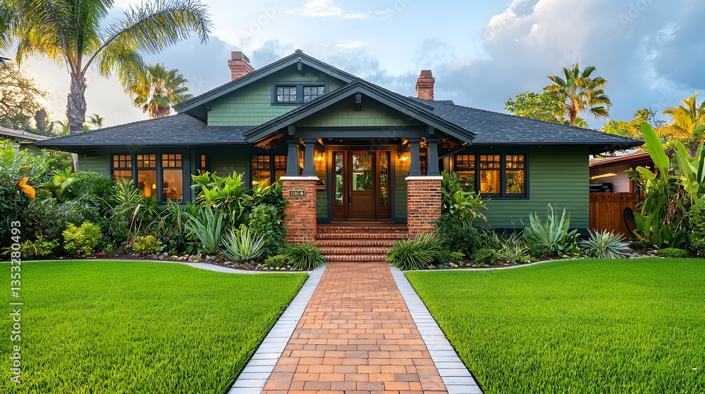 A green craftsman style home with a brick walkway and palm trees A green craftsman style home with a brick walkway and palm trees