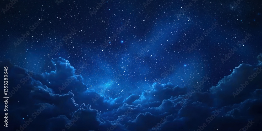 Obraz premium A deep midnight blue sky with scattered glowing stars and soft clouds