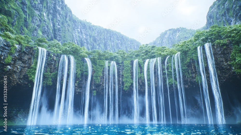 Fototapeta premium Majestic Waterfall Cascade in Lush Fjord Landscape
