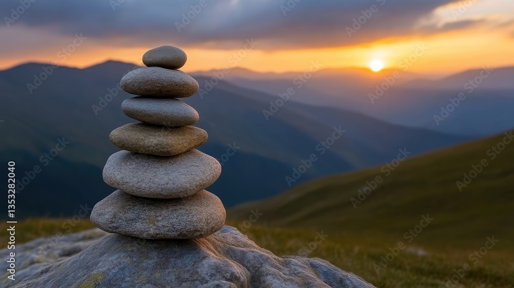 Stone cairn at sunset in mountains Stone cairn at sunset in mountains