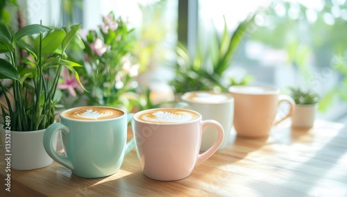 Wallpaper Mural Cozy cafe scene with lattes.  Fresh drinks and plants Torontodigital.ca
