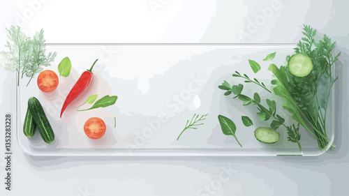 High-angle, close-up view of a flatlay showcasing various fresh herbs and vegetables arranged on a transparent, rectangular surface against a bright white background.  The arrangement is minimalist