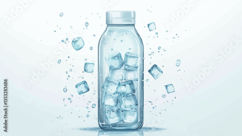 A digitally rendered image depicts a transparent plastic water bottle filled with ice cubes and water.  Several ice cubes appear to float around the bottle, with small water droplets dispersed in