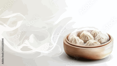 Close-up shot of several light-colored steamed dumplings arranged inside a light brown wooden bowl.  The dumplings appear soft and slightly translucent.  Visible steam or smoke curls around the