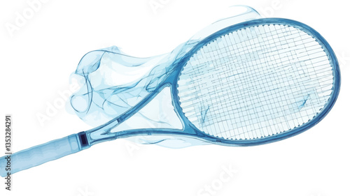 The image shows a tennis racket depicted in an abstract style. The racket is primarily light blue, almost translucent, with a suggestion of motion or energy trails emanating from it, giving it a