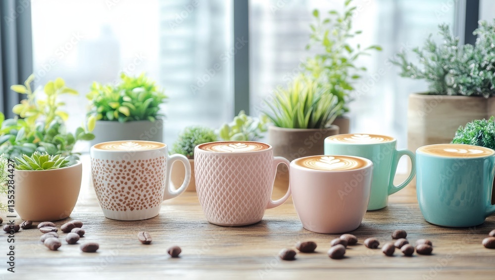 Fototapeta premium Cozy coffee scene with lattes and plants