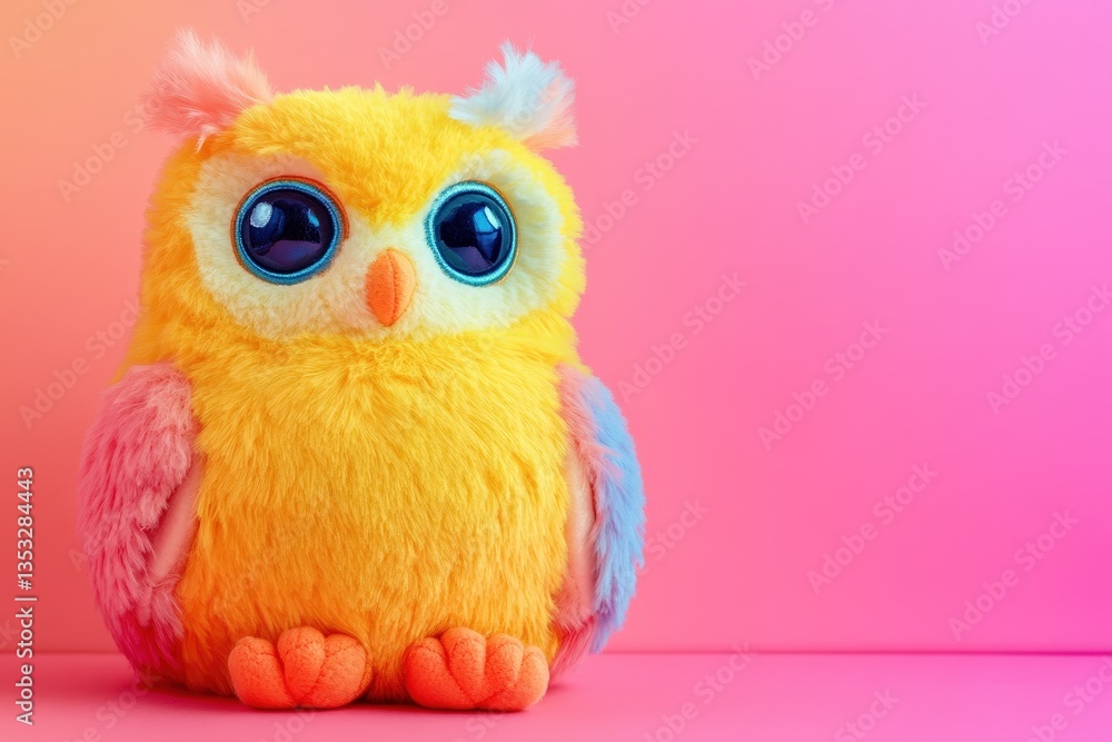 Obraz premium A colorful plush owl toy on a vibrant pink background