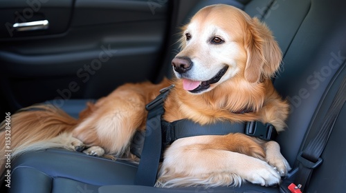 Golden Retriever dog comfortably seated in a car, enjoying a sunny day with a relaxed demeanor