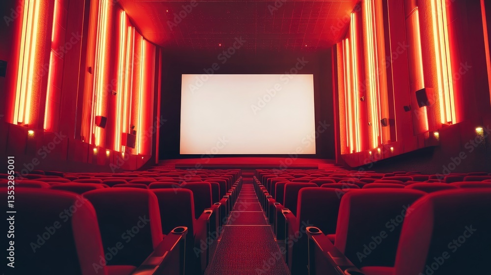 Fototapeta premium A luxurious movie theater with plush red seats, a massive blank screen, and soft ambient lighting.