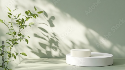 Green aesthetic display podium with plant shadows. Use Product presentation