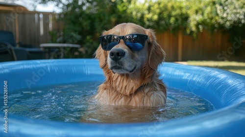 Golden retriever wearing sunglasses relaxing in a blue kiddie pool in a sunny backyard with greenery