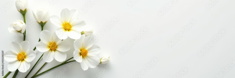 Fototapeta premium Minimalist arrangement of white primrose flowers on a pristine white surface, flowers, minimalist