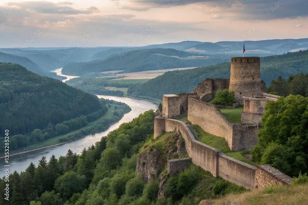 A majestic medieval castle overlooking a serene river valley bathed in the soft golden light of sunset, a picturesque scene of history and nature. A majestic medieval castle overlooking a serene river valley bathed in the soft golden light of sunset, a picturesque scene of history and nature.
