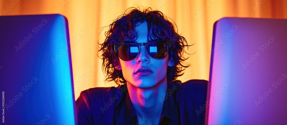 Obraz premium Young man with sunglasses using two computers in vibrant neon lighting.