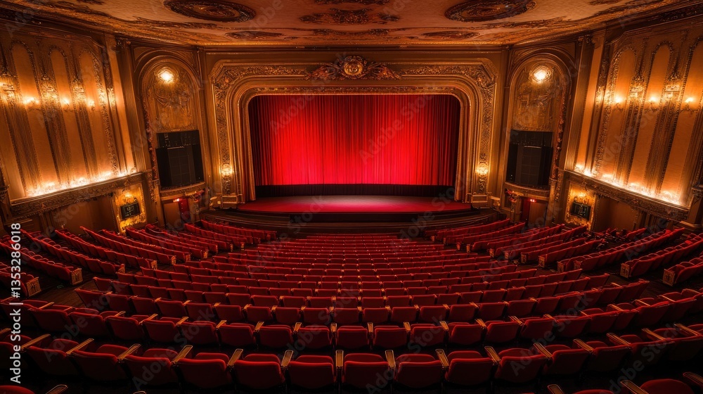 A majestic theater balcony view overlooking rows of red velvet seats and a grand movie screen.