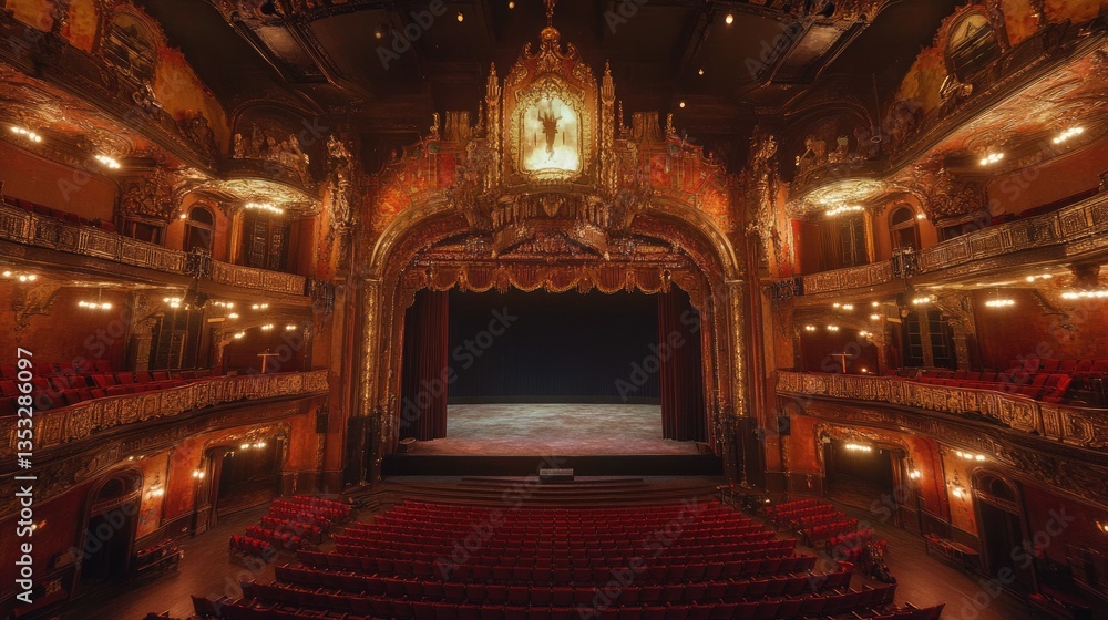 Obraz premium A majestic theater balcony view overlooking rows of red velvet seats and a grand movie screen.
